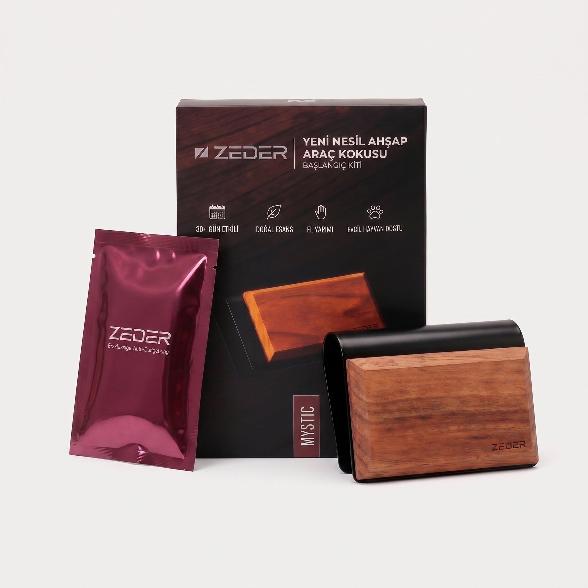 ZEDER MYSTIC Başlangıç Kiti — kutu, metal klips ve masif ahşap koku tableti