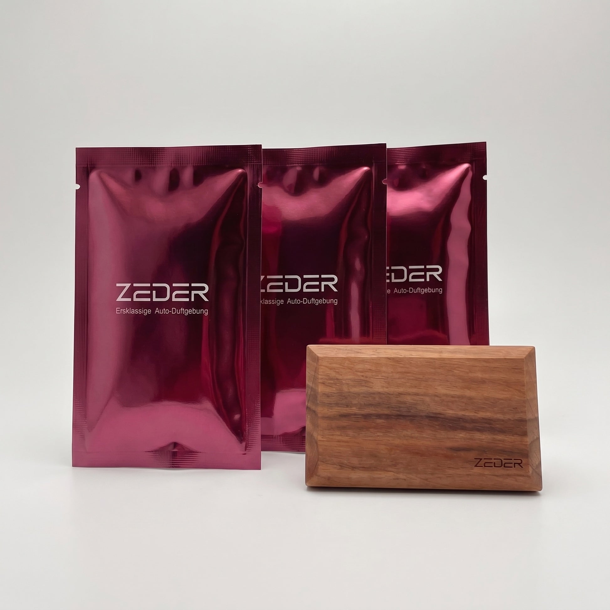 ZEDER MYSTIC 3lü yenileme paketi — üç koku poşeti ve masif ahşap tablet