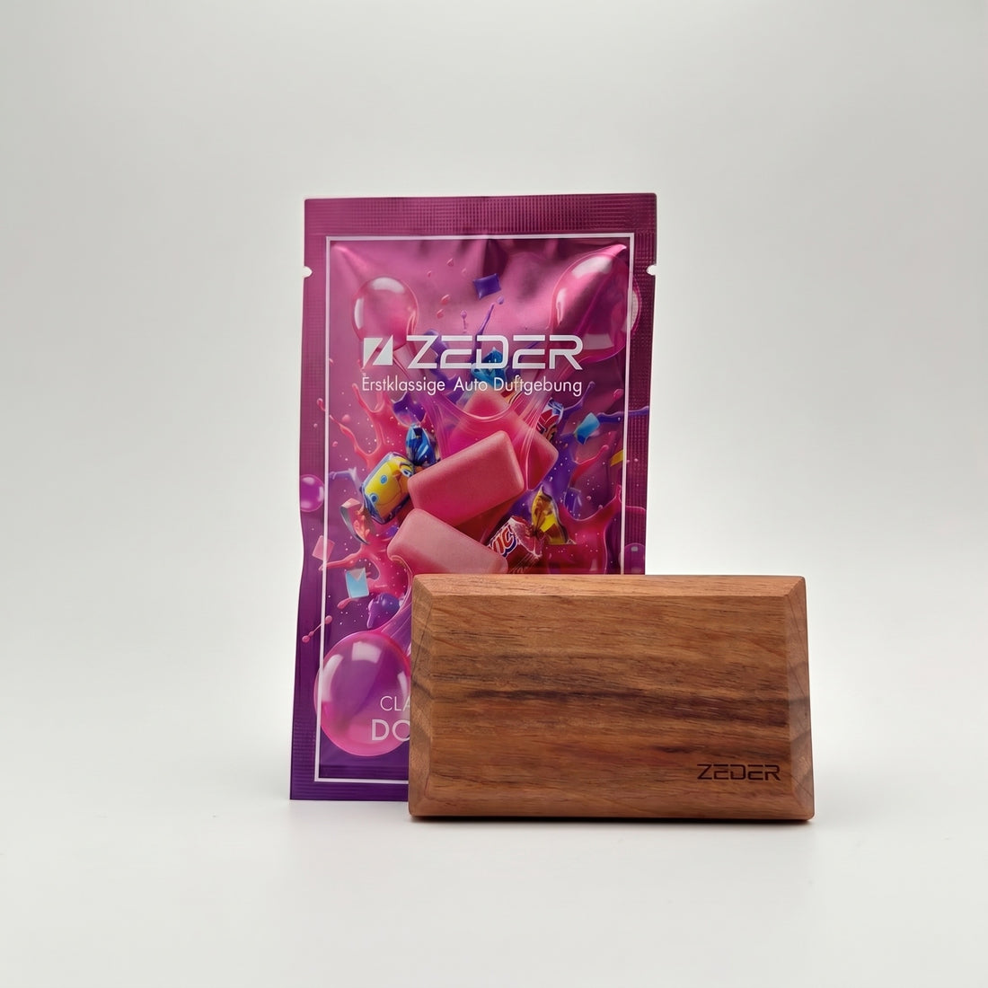 ZEDER DOUBLE GUM yenileme tableti — baskılı koku poşeti ve masif ahşap tablet